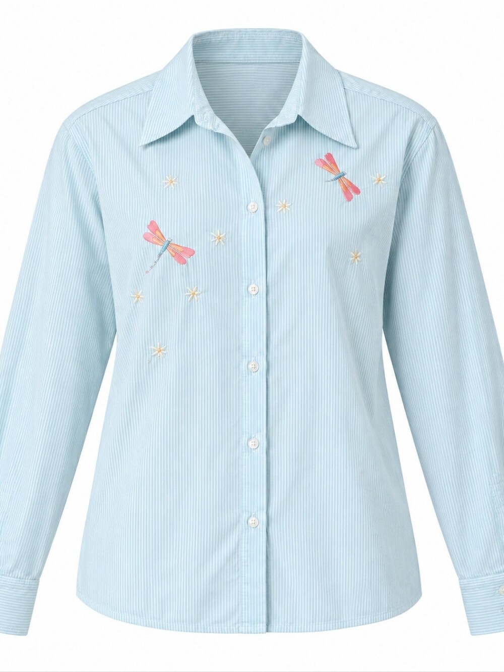 Tabi White Blue Pinstripe Dragonfly Embroidered Women Cotton Long Sleeve Shirt M